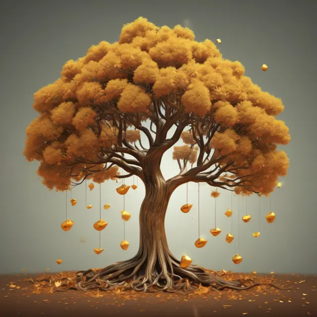 A golden tree bearing fruit symbolizing interest, capital gains, and dividends from stocks and bonds.