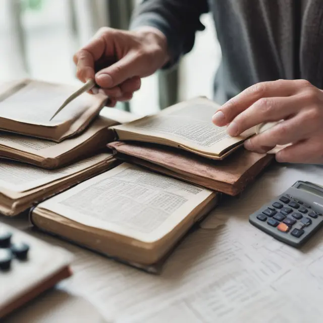 Age hands opening books with RMD formulas and tax calculators for retirement distributions.