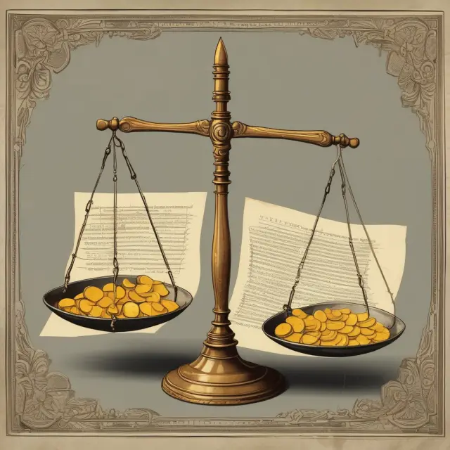 Golden coins symbolizing capital gains and a parchment scroll representing deed of distribution on a pair of scales