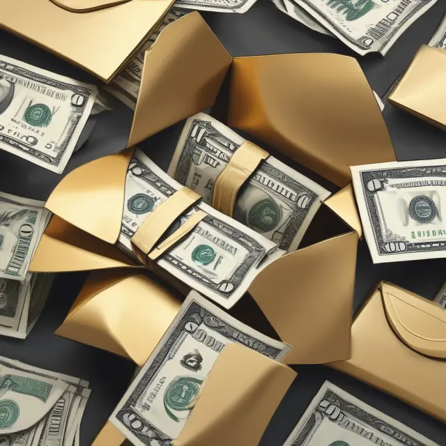 An ornate golden envelope revealing stacks of cash, bonds, and other investment securities, representing a lump-sum distribution