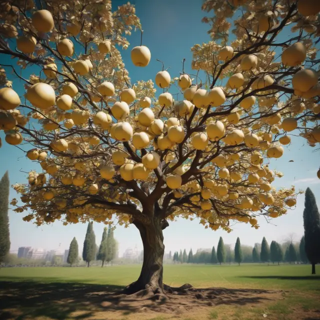 Golden apple tree with hanging stocks representing tax-deferred distributions-in-kind and their potential for lower taxes