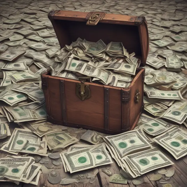 An image showing a company treasure chest filled with gold coins and stocks instead of traditional cash.