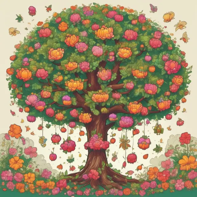 A wealth tree adorned with tax-deferral fruits representing distributions-in-kind, and capital gains flowers symbolizing potential savings.
