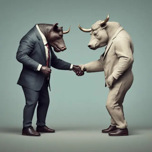 Bull and bear sharing real estate documents during a capital gains exchange, depicting tax-efficient distributions