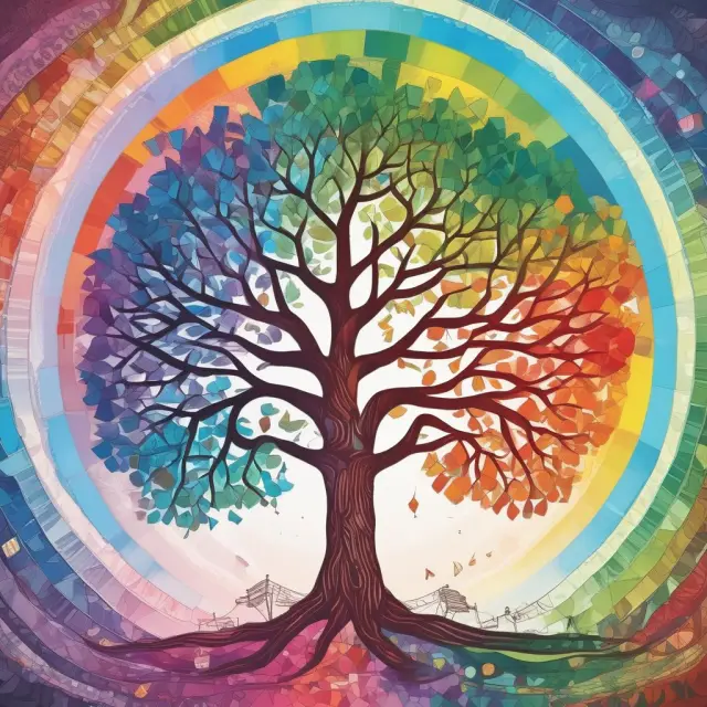 A rainbow tree with branches of stocks, bonds, real estate, ETFs, commodities, and cash blossoming into a diverse investment landscape