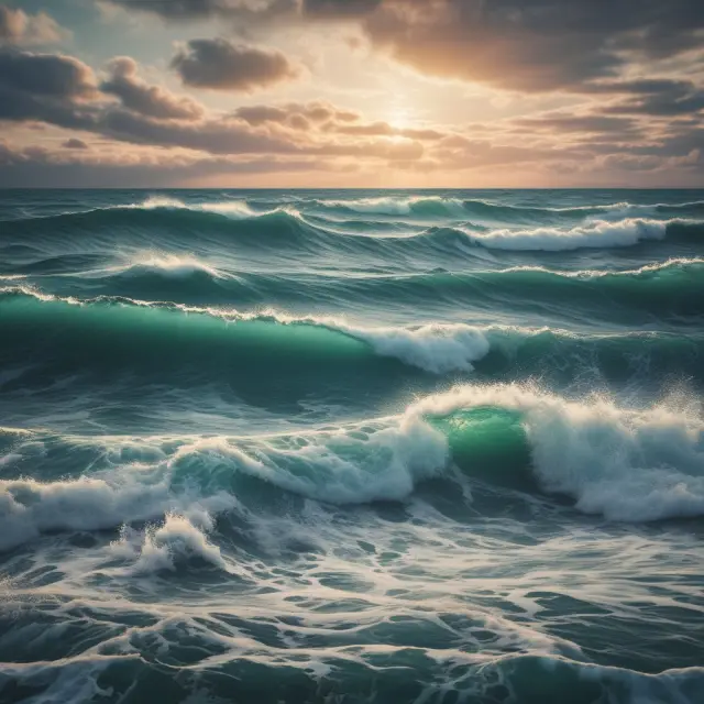 A tranquil sea with overlapping waves, each wave symbolizing a security merging into the calm water, representing diversified portfolio.