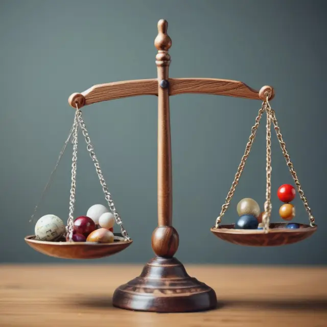 A balanced scale with diverse investment spheres representing varying risk profiles in stocks (growth and value), bonds (short-term, medium-term, and long-term), real estate, and commodities.