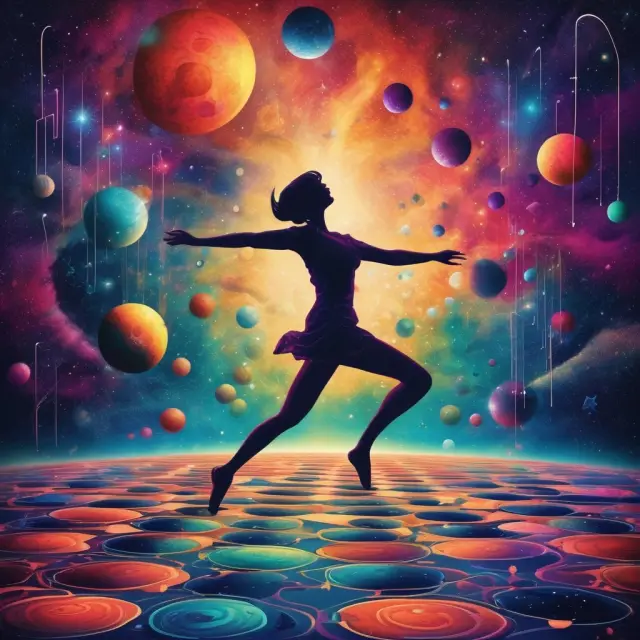 Scales dancing on a cosmic dancefloor represent balanced stocks and bonds within a diversified portfolio