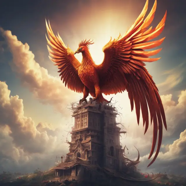 A phoenix rising from a pile of assets illustrates companies shedding underperforming or unnecessary business units for transformation