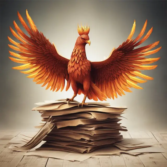 A mythical Phoenix emerging from a pile of financial reports symbolizes the benefits of divestitures: cost reduction, debt repayment, core focus, and increased shareholder value.