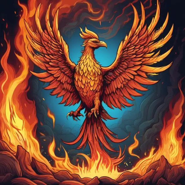 A phoenix rising from financial flames represents strategic divestitures, while a pile of gold coins illustrates financial ones.