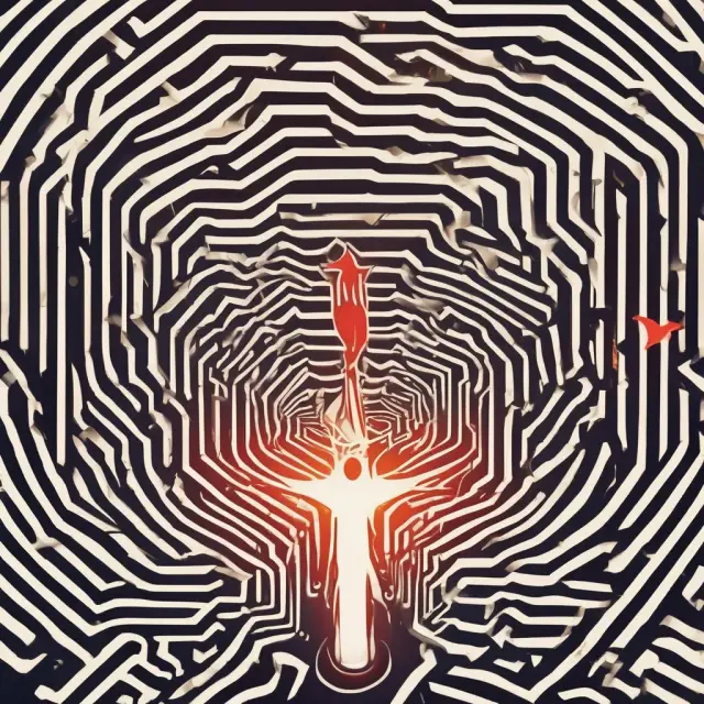 A majestic phoenix emerging from the complex labyrinth of office cubicles represents employees