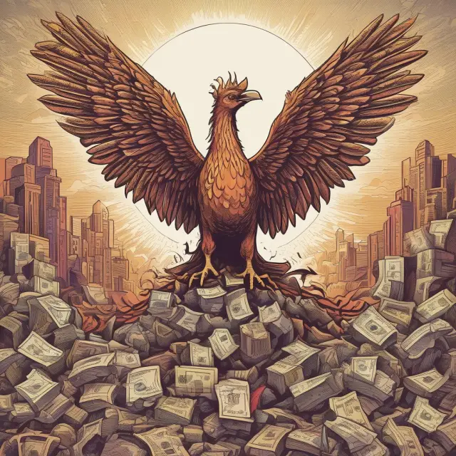 Phoenix rising from a pile of assets symbolizes the success and renewal brought about by a company