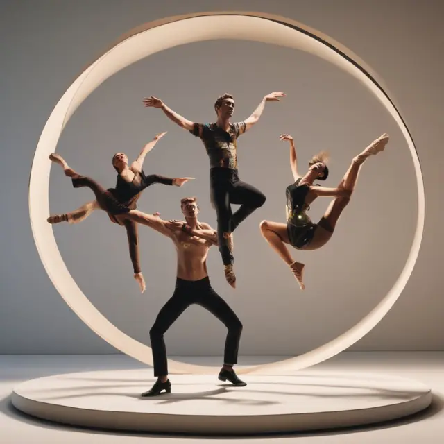 Three dancers performing on a circular stage: one executes a spin, another raises arms for an IPO, and the third waves goodbye to represent spin-offs, equity carve-outs, and direct sales.
