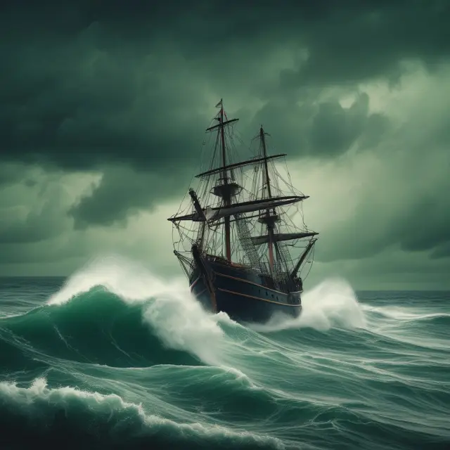 Ship braves tempest to reach green fields in a metaphor for forced corporate divestments driven by regulatory action or legal rulings