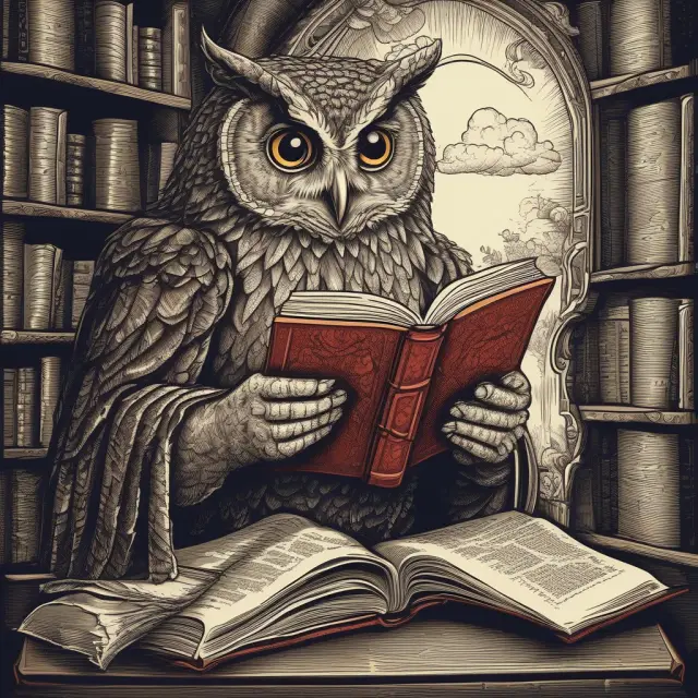 A wise owl examines a book called 