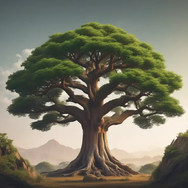 An ancient tree with dividend aristocrats as branches stretching towards dividend kings for 25 years, representing financial stability and growth