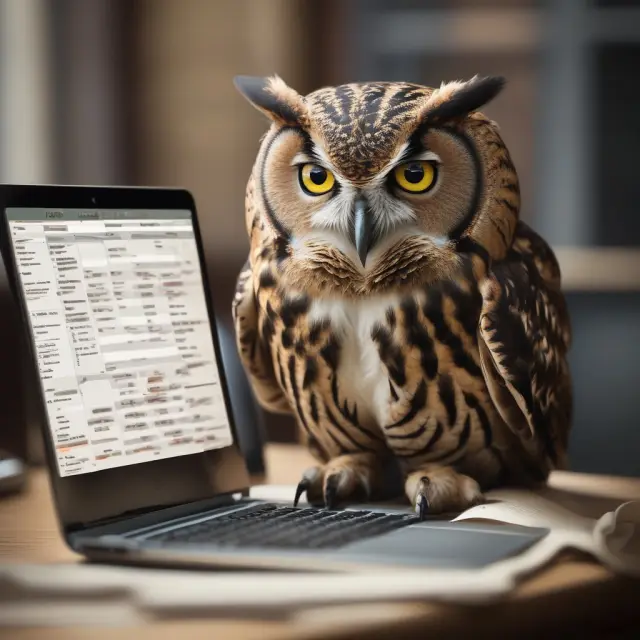 An owl examines computer screens, financial publications, and stock graphs to identify reliable dividend aristocrats.
