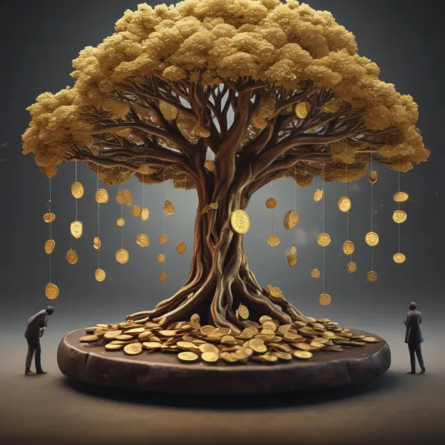 A golden tree symbolizing the S&P 500 grows coins representing dividends for investors, who assess risk and evaluate market conditions.