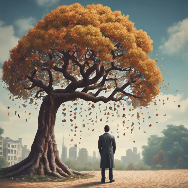 Wise investor with a basket, picking leaves representing tax planning, diversification, and reinvestment within a mosaic tree of dividend aristocrats.