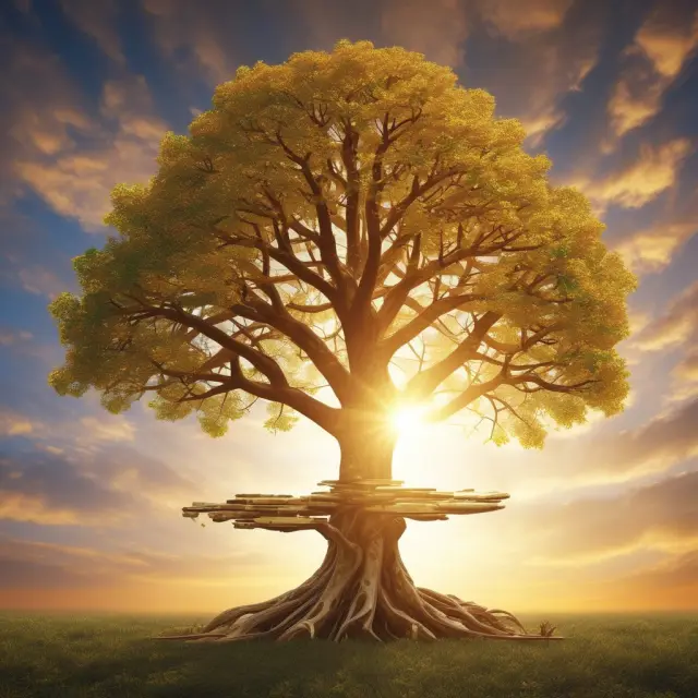 A golden sun rising over a tree filled with dividend aristocrat company logos, signifying growth and reliable income
