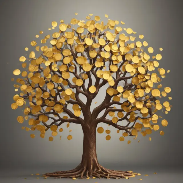 Golden tree with dividend coins blooming, symbolizing financial growth and stability through DPS analysis