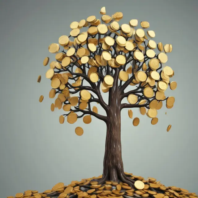 Golden coins representing dividends falling from a growing share price tree