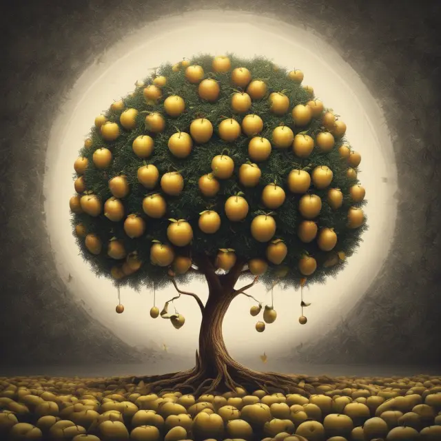 Golden apples signifying dividends, with a tree symbolizing company growth and shareholders receiving their rewards