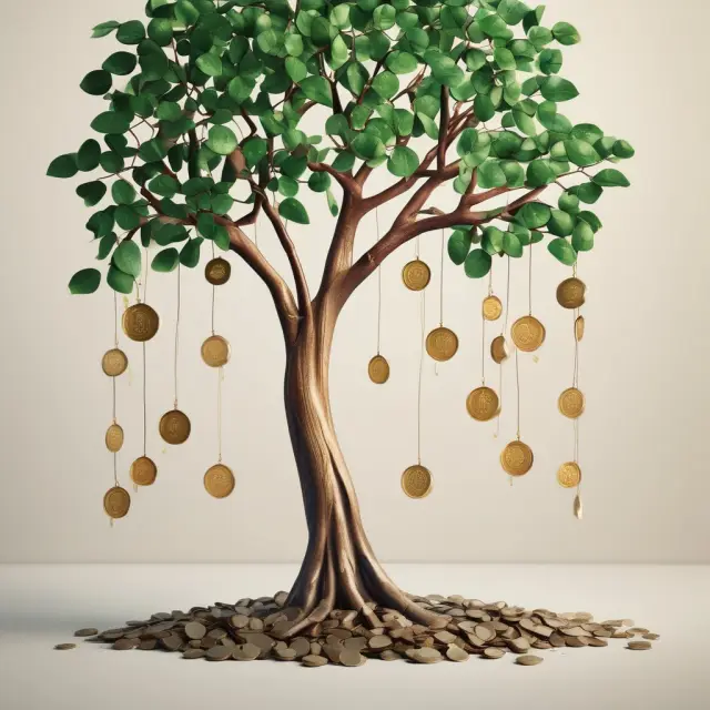 A lush tree blooming with golden dividend coins as leaves, illustrating the concept of compounding growth through Dividend Reinvestment Plans