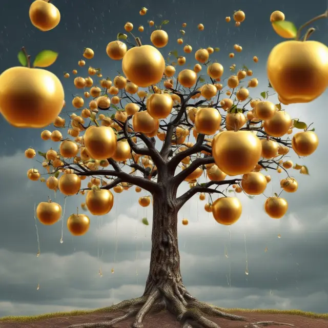 A golden apple tree showering investors with rewards - metaphor for dividends
