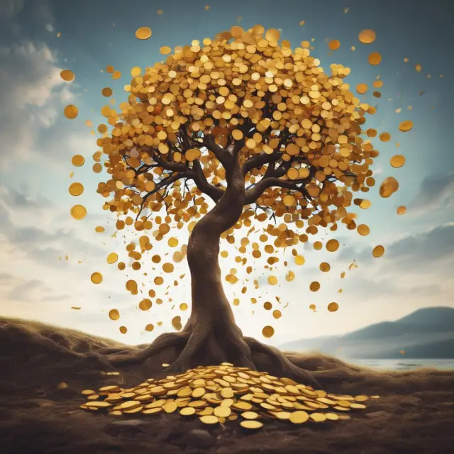 A golden tree with coins dripping from its branches illustrates the concept of dividend growth and stock valuation.