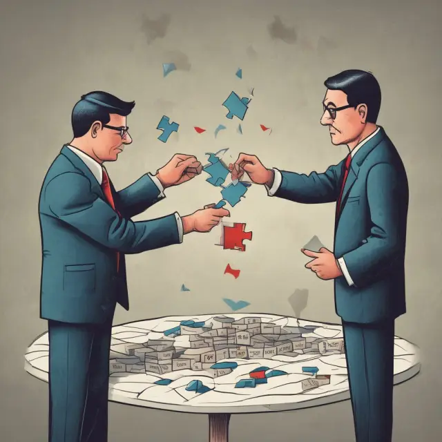 Miller and Modigliani discussing Dividend Irrelevance Theory, surrounded by stock price and dividend puzzle pieces
