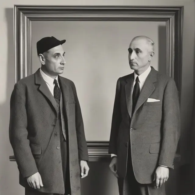 Merton Miller and Franco Modigliani illustrating Dividend Irrelevance Theory with mirror reflections of stock price from earnings and dividends