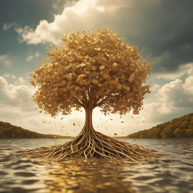 A golden tree grows amidst stormy seas, with dividends represented as leaves strengthening the tree and enhancing its value
