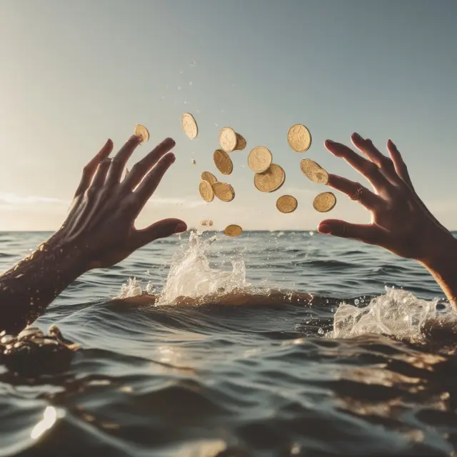 Two hands symbolically releasing golden dividend coins into the sea, reflecting the ongoing debate between the Dividend Irrelevance theory and market realities.