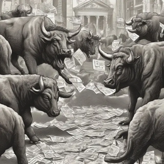 Bulls and bears exchange dividend checks in a lively stock market scene, representing the ongoing debate between Dividend Irrelevance Theory and its empirical challenges