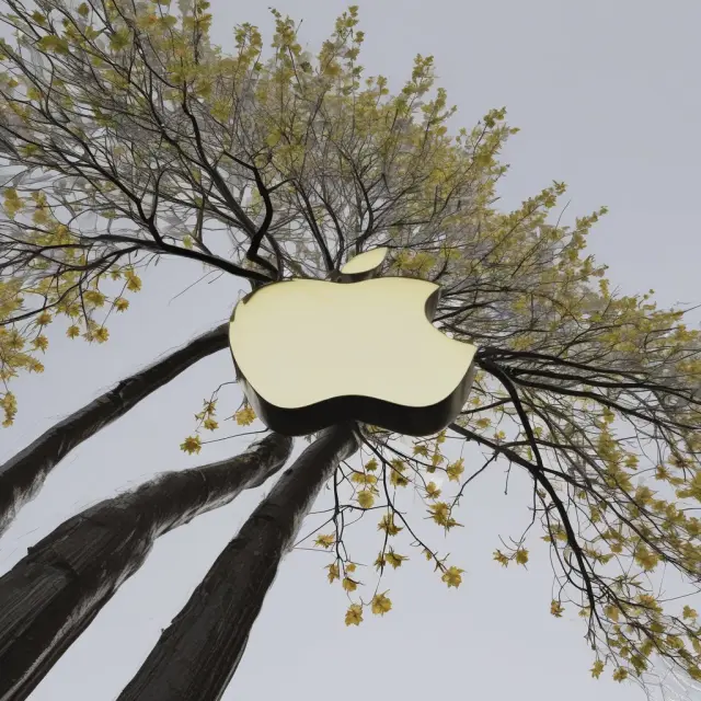 Two trees symbolizing Apple and Microsoft, one with gold fruit (dividends) and the other with steady leaves (consistent dividends), growing side by side.