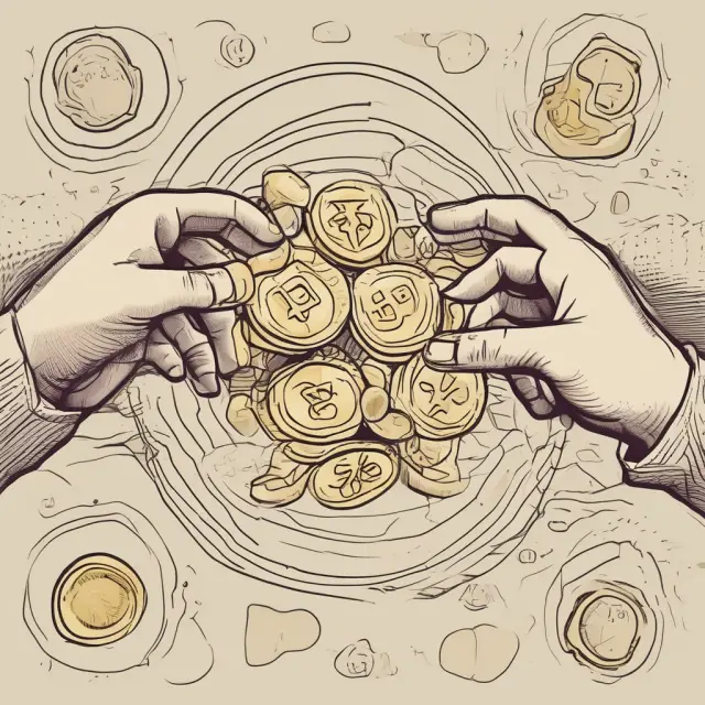 Golden hands distributing coins labeled 