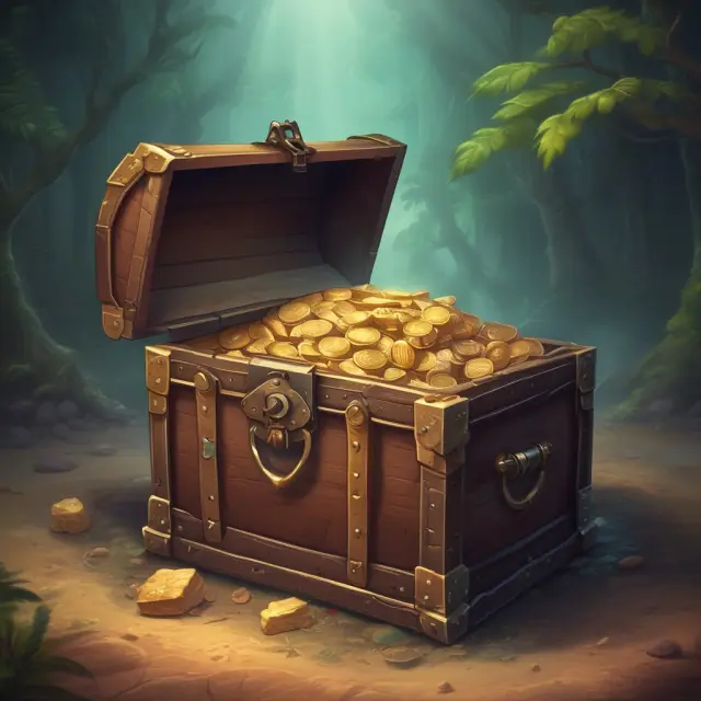 A large, ornate chest filled with golden coins and papers, symbolizing dividends, surrounded by two thoughtful investors