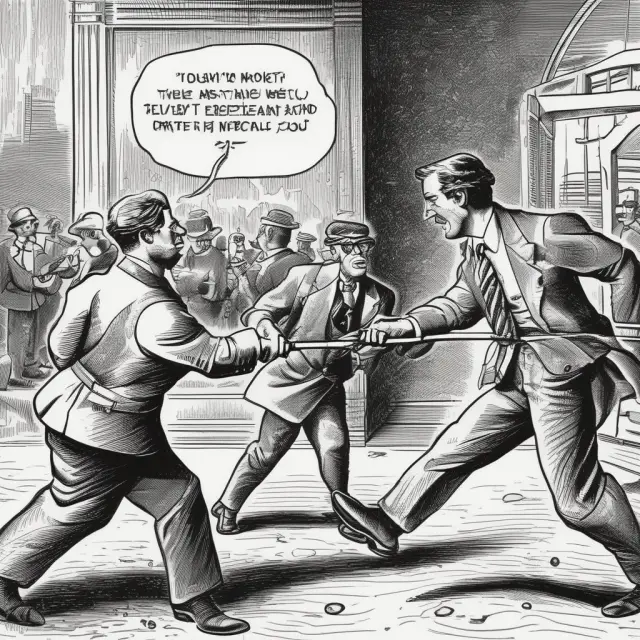 Two figures engaging in a tug-of-war, representing earnings (large figure) and dividends (small figure), demonstrating the volatility of constant dividend policies.