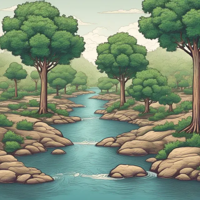 Image of a cash flow river with a dividend policy bridge, earnings growth tree, and a financial objective compass