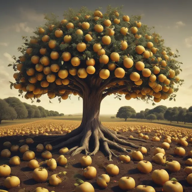 A tree laden with golden apples symbolizing stable and growing dividends from long-term investments in essential sectors like consumer staples and healthcare