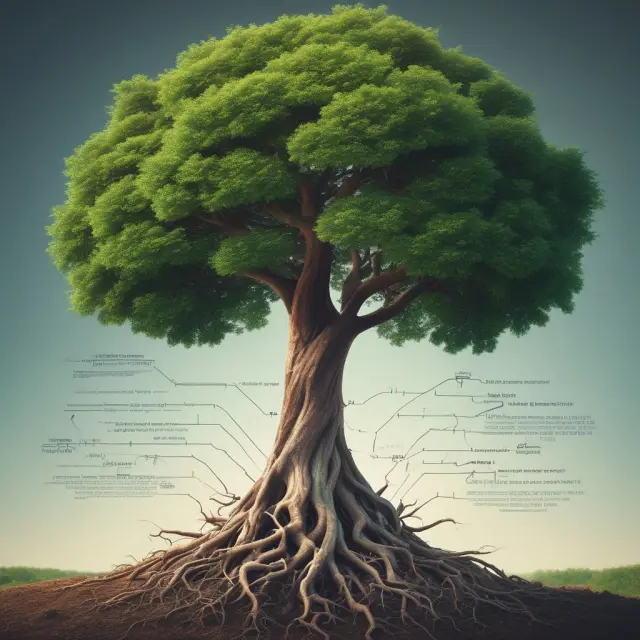 A corporate tree with deep roots reaching into a second company (represents ownership), absorbs 65% of the dividend branches flowing back to it