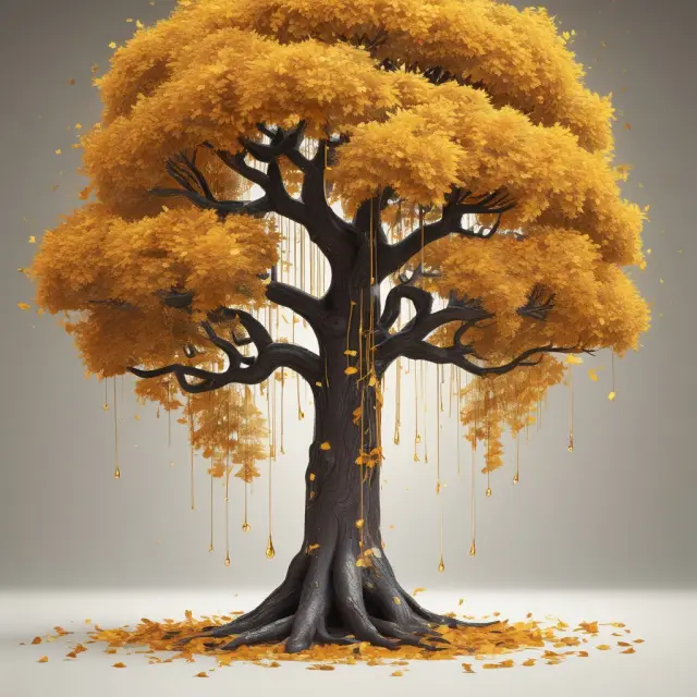 A towering DRIP tree blooming with gold leaves, symbolizing commission-free growth and automatic reinvestment