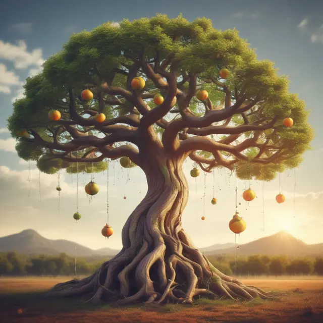 An ancient tree symbolizes a DRIP, with branches representing time and taxes, bears fruit illustrating investment growth