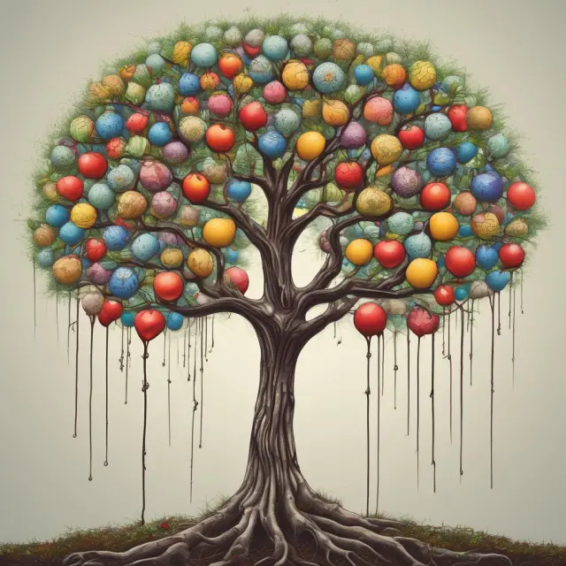 A DRIP tree with branches symbolizing compounded returns and long-term growth, bearing fruits representing capital appreciation