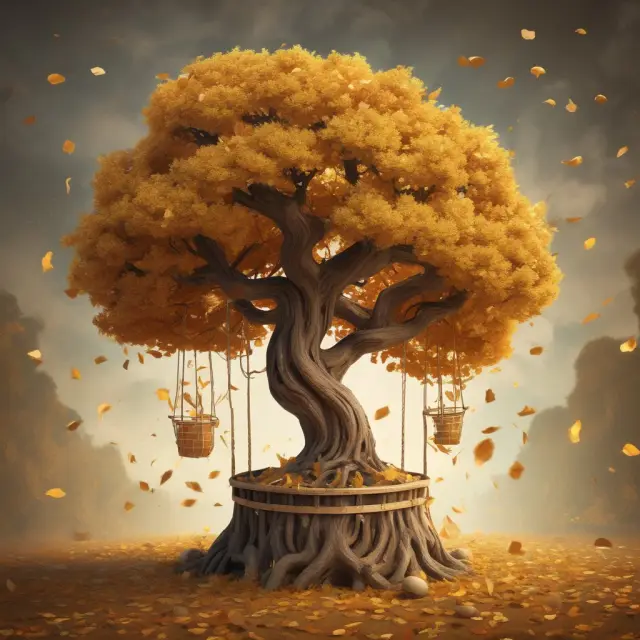 A golden tree sheds its leaves, symbolizing dividends that fall into a basket, illustrating the concept of reinvestment and compounding gains in investing