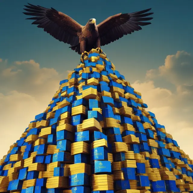 A gold eagle perched above a stack of thirty blue-chip company logos forming a pyramid, symbolizing the DJIA