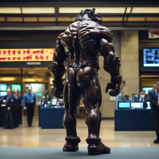 Gigantic figures assemble, their sizes based on stock prices, creating the Dow Jones Industrial Average