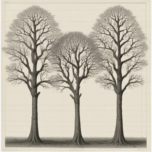 Four interconnected trees symbolizing DJIA, S&P 500, Nasdaq Composite, and Russell 2000, representing their distinct growth patterns in the stock market landscape